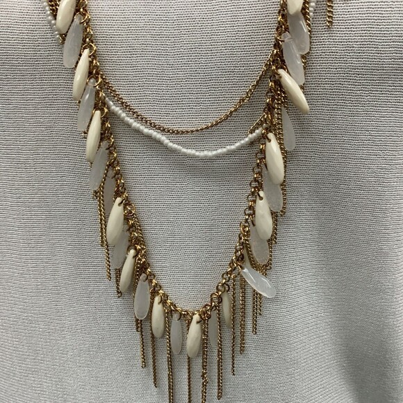 Bay to Baubles Long Necklace Rhionna Opal Fringe Gold-tone White Chains NWT - Picture 2 of 9